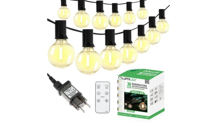 Girlanda Ogrodowa Zewnętrzna Łańcuch Świetlny 15,2m 30x LED Ozdobne Kuleczki 3000K + Pilot DOLLIS LUMILED