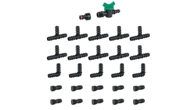 Zestaw akcesoriów do linii kroplującej 16mm (przyłącze, zawór, trójniki, kolanka, zaślepki) 27 elementów BRADAS