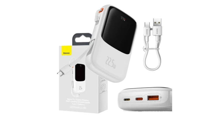 Powerbank Baseus Qpow Pro z kablem USB-C, USB-C, USB, 10000mAh, 22.5W (biały)