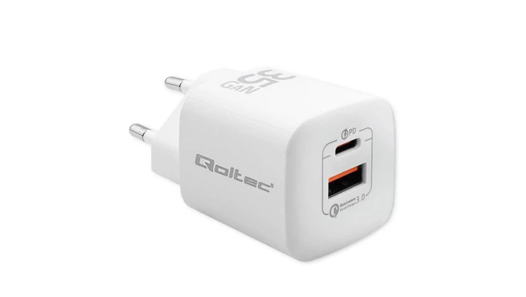 Qoltec Ładowarka sieciowa 35W GaN ULTRA 5-20V 2.25-3A 1 x USB typ C PD 1 x USB QC 3.0 Biała