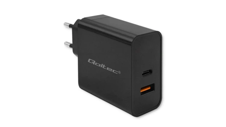 Qoltec Ładowarka Super Quick PD 1xUSB-C 1xUSB 65W 5-20V 1.5-3.25A Czarna