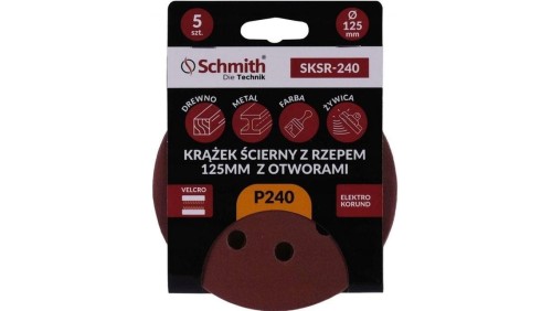 Papier ścierny krążki na rzep z otworami 125mm P240 zestaw 5szt Schmith