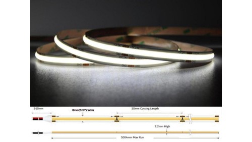 UQS-COB-8W-W-24V-5m: Profesjonalna tama LED typu COB, 8W 320 chips/m, CRI 90, 24V, biala, 6500K...