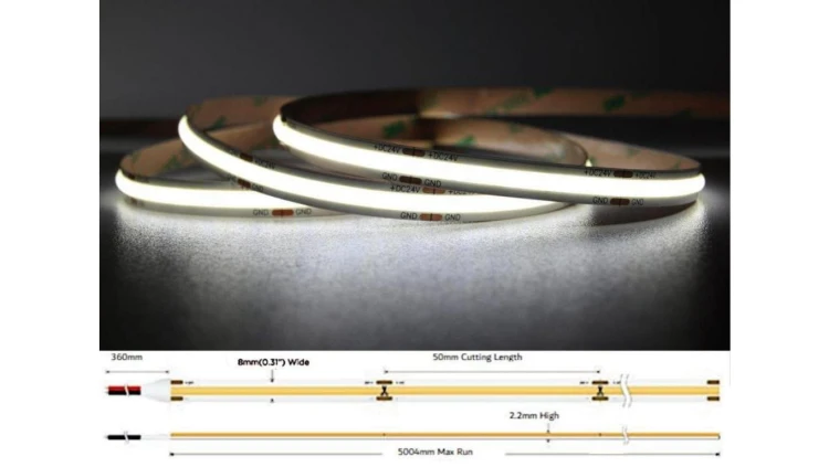 UQS-COB-8W-W-24V-5m: Profesjonalna tama LED typu COB, 8W 320 chips/m, CRI 90, 24V, biala, 6500K...
