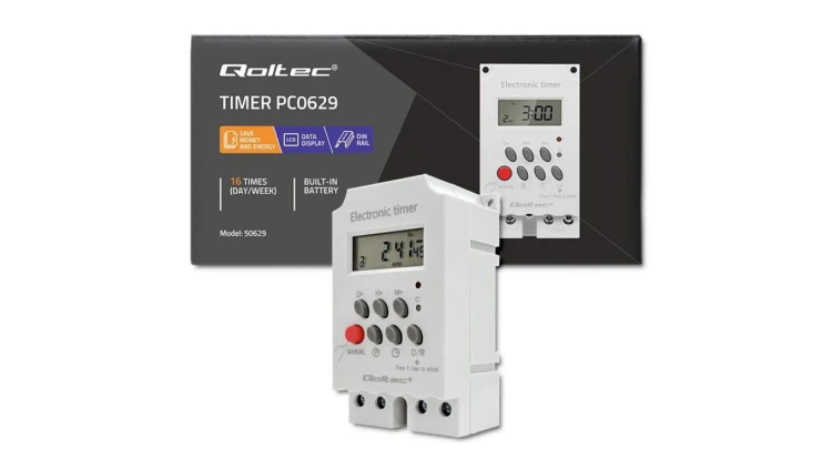 Qoltec Elektroniczny programator czasowy PC0629 na szynę DIN LCD