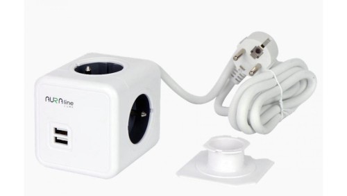AURA line CUBE przedłużacz rozgałęźnik 4 gniazda + 2xUSB przewód 1,5m 16A/3680W