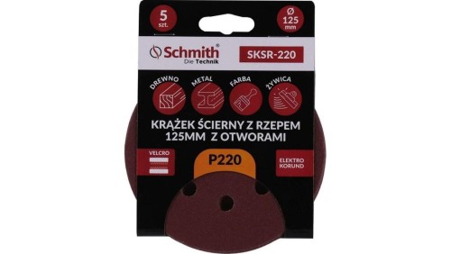 Papier ścierny krążki na rzep z otworami 125mm P220 zestaw 5szt Schmith