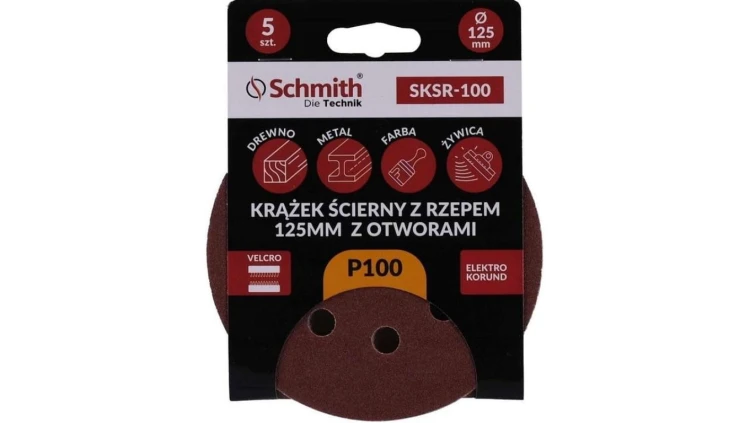 Papier ścierny krążki na rzep z otworami 125mm P100 zestaw 5szt Schmith