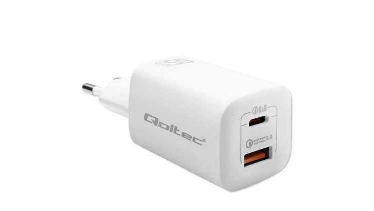 Qoltec Ładowarka sieciowa 65W GaN ULTRA 5-20V 2.25-3.25A 1 x USB typ C PD 1 x USB QC 3.0 Biała