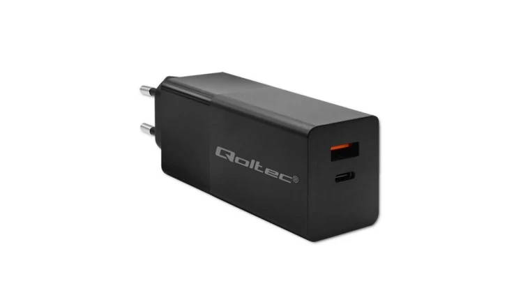 Qoltec Ładowarka GaN POWER PRO 1xUSB-C 1xUSB 100W 5-20V 1.5-5A PD Czarna