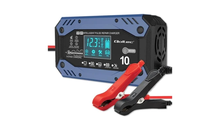 Qoltec Inteligentna ładowarka do akumulatora STD AGM GEL LiFePO4 Prostownik z funkcją naprawy 12-24V 10A LCD 9 - stopniowe ładow