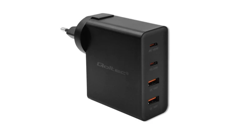 Qoltec Ładowarka GaN POWER PRO 2xUSB-C 2xUSB 130W 5-20V 1.5-5A PD Czarna