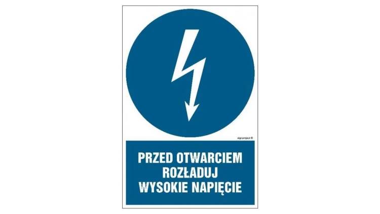 ZNAK - HE006 Przed otwarciem rozładuj wysokie napięcie 7,5 x 10 cm FN - Folia samoprzylepna
