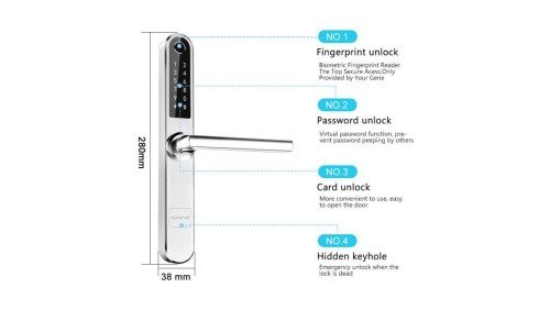 Elektroniczny zamek do drzwi SmartLock RCF SLIM sz=38mm (13,56Mhz Mifare, kod PIN, odcisk palca, Bluetooth)