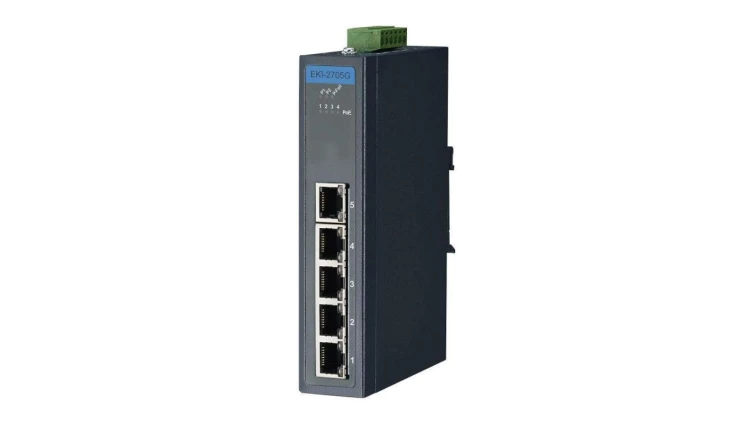 Przemysłowy switch z portami PoE - 1 port gigabitowy (RJ-45), 4 porty gigabit PoE/PoE+, zasilanie 24-48VDC EKI-2705G-1GPI-A