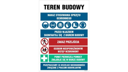 ZNAK - OI003 Teren budowy, Stosuj hełm z paskiem podbródkowym, Stosuj okulary ochronne, Stosuj kamizelkę odblasko 70 x 105 cm ON