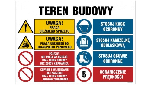 ZNAK - OI021 Teren budowy, Uwaga! Praca ciężkiego sprzętu 100 x 75 cm FN - Folia samoprzylepna
