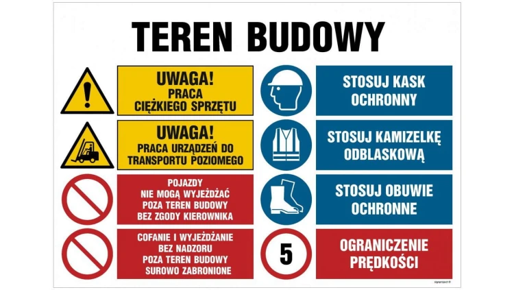 ZNAK - OI021 Teren budowy, Uwaga! Praca ciężkiego sprzętu 100 x 75 cm FN - Folia samoprzylepna