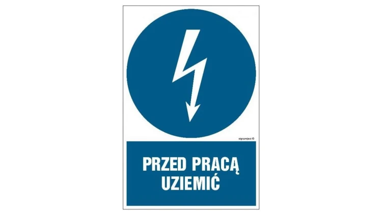 ZNAK - HE005 Przed pracą uziemić 7,5 x 10 cm FN - Folia samoprzylepna