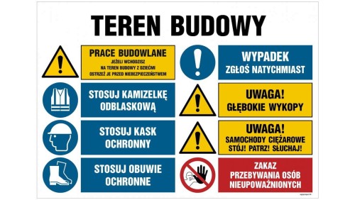 ZNAK - OI022 Teren budowy, Uwaga! Praca ciężkiego sprzętu 105 x 70 cm ON - Blacha ocynk