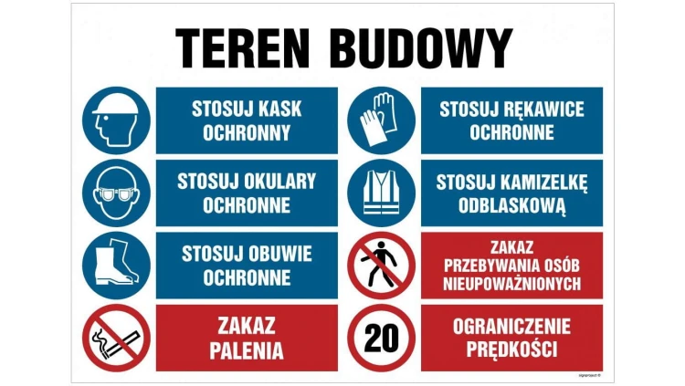 ZNAK - OI018 Teren budowy, Stosuj kask ochronny, Stosuj rękawice ochronne, Stosuj okulary ochronne, Stosuj kamize 100 x 75 cm FN