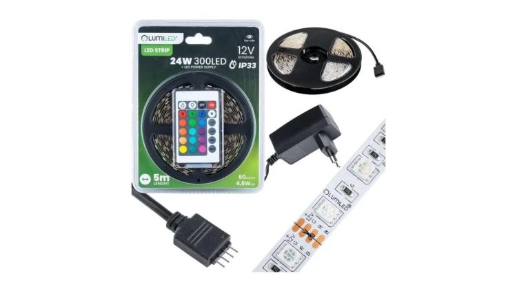 Zestaw Taśma LED Pasek 12V 24W 300LED SMD 5050 RGB 8mm 5m + Zasilacz + Pilot