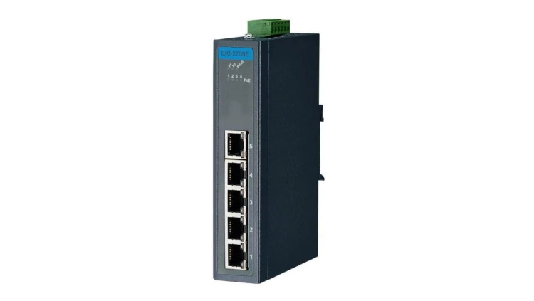 Przemysłowy switch z portami PoE - 1 port gigabitowy (RJ-45), 4 porty FE PoE/PoE+, zasilanie 24-48VDC EKI-2705E-1GPI-A