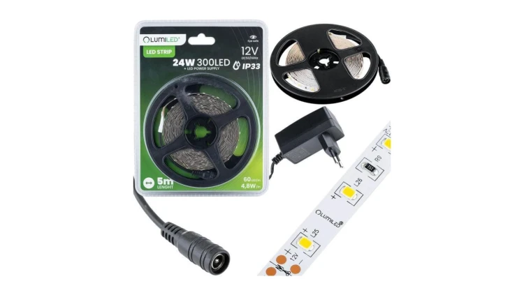 Zestaw Taśma LED Pasek 12V 24W 300LED SMD 2835 Ciepła 8mm 5m + Zasilacz