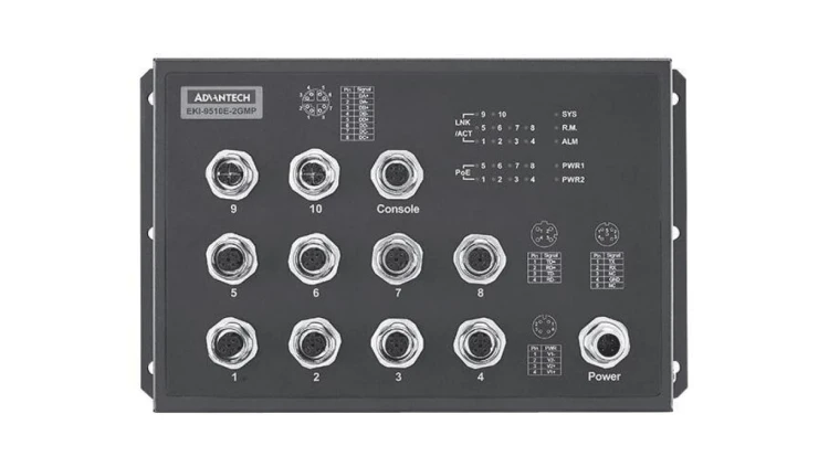 Zarządzalny switch z normą kolejową EN50155 - 2 porty Gigabit, 8 portów Fast Ethernet z PoE/PoE+ złącze M12 EKI-9510E-2GMPL-AE
