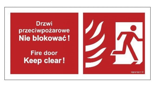 ZNAK - BC049 Drzwi przeciwpożarowe, Nie blokować ! Fire door, Keep clear ! prawostronne 40 x 20 cm PS - Płyta 1mm foto.