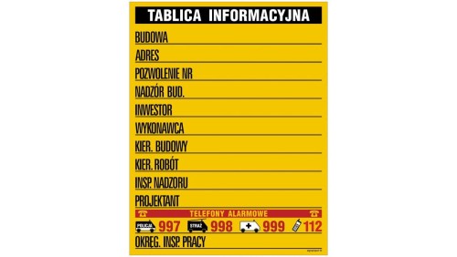ZNAK - OA088 Tablica budowlana informacyjna (kolorowa) 70 x 90 cm BN - Płyta żółta 0,6mm