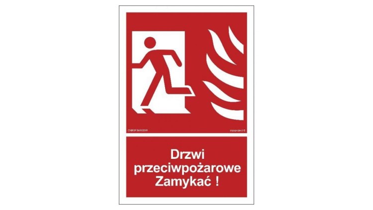 ZNAK - BB011 Drzwi przeciwpożarowe Zamykać! Kierunek drogi ewakuacyjnej w lewo 15 x 22,2 cm KS - Folia podłogowa foto.
