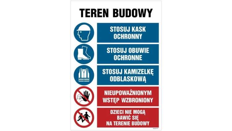 ZNAK - OI005 Teren niebezpieczny, Nakaz stosowania kamizelki odblaskowej, kasku i obuwia ochronnego, Goście prosz 70 x 105 cm ON