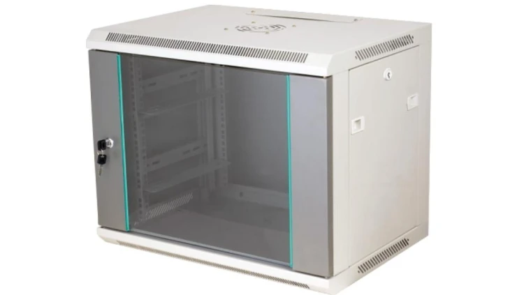Szafka rack wisząca 19 15U 600x450, niedzielona, drzwi szklane jednoskrzydłowe, tył osłona pełna, osłony boczne zamykane na kluc