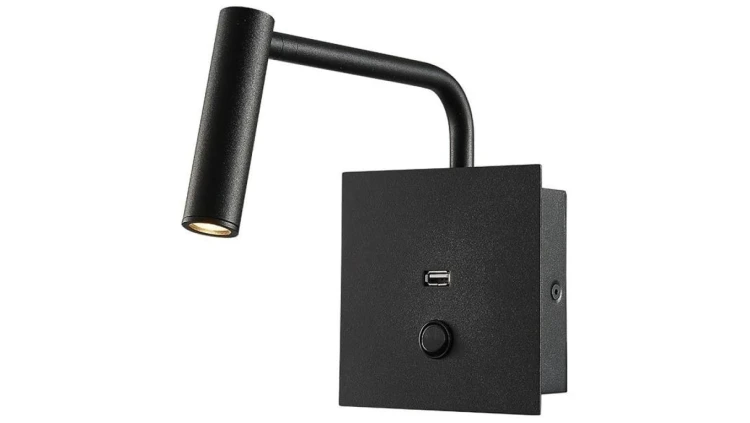 Kinkiet hotelowy LED 3W 180lm NW 3000K z włącznikiem i gniazdem USB ciepła czarny IP20 V-TAC VT-2943