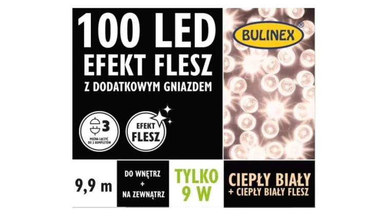 Lampki Bulinex 100led biały ciepły/biały ciepły 9,90m flesz z dodatkowym gniazdem sznur