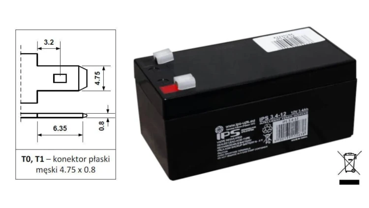 akumulator VRLA AGM 12V 3.4Ah, 6-9lat, T1 4.8mm, do UPS