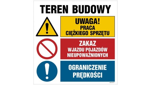 ZNAK - OI030 Uwaga! teren niebezpieczny, Nieupoważnionym wstęp wzbroniony, Goście proszeni są o zgłoszenie się w 70 x 70 cm PN -