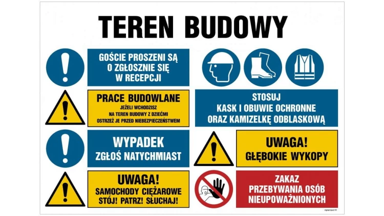 ZNAK - OI023 Teren budowy, Stosuj kask ochronny, Zakaz przebywania osób nieupoważnionych, Stosuj obuwie ochronne, 100 x 75 cm PN