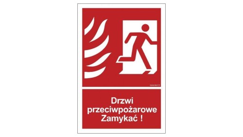 ZNAK - BB014 Drzwi przeciwpożarowe Zamykać! Kierunek drogi ewakuacyjnej w prawo 50 x 74 cm TS - Płyta TD foto.