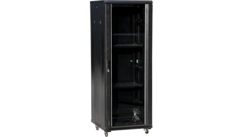 Szafa 32U 600x800, drzwi przednie szklane, osłona tylna metalowa pełna, zamek, 4 belki nośne, 4 regulowane stopki, do samodzieln