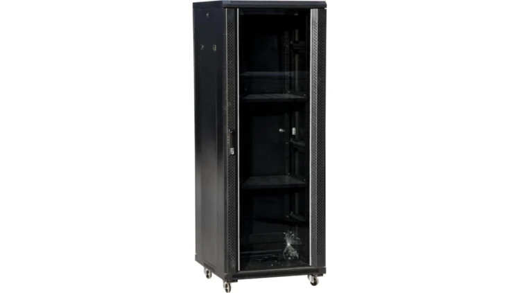 Szafa 32U 600x800, drzwi przednie szklane, osłona tylna metalowa pełna, zamek, 4 belki nośne, 4 regulowane stopki, do samodzieln