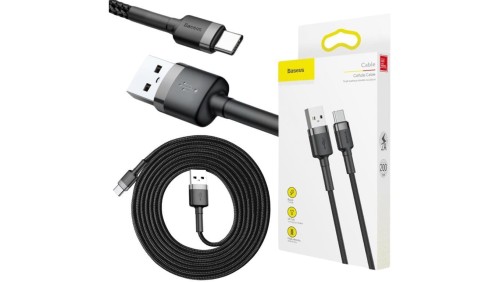 KABEL USB-A - USB-C Baseus Cafule CATKLF-CG1 200cm 2A QC 3.0 CZARNO-SZARY W NYLONOWYM OPLOCIE