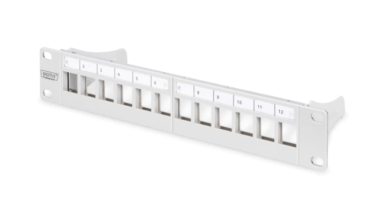 Panel krosowy modularny 10 12x keystone, ekranowany, 1U, szary, prowadnica kabli, pola opisowe DN-91419