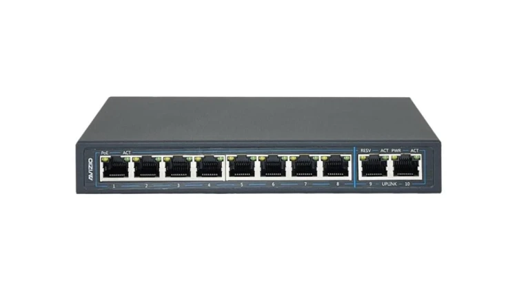Switch PoE Desktop 10x port RJ45 (8x PoE+ Fast Ethernet 100Mb/s i 2x Uplink Gigabit Ethernet ) przełącznik niezarządzalny AVIZIO