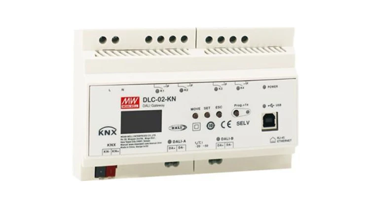 Kontroler DALI-2 z bramką KNX na szynę DIN, obsługa DT8, wyśw. LCD, 4 przekaźniki 250V/5A, USB, Ethernet DLC-02-KN
