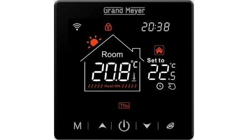 Termostat podłogowy regulator temperatury bezprzewodowy z wyświetlaczem LCD IP20 SN-20 czarny GRAND MEYER