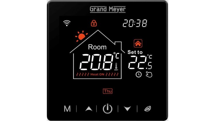 Termostat podłogowy regulator temperatury bezprzewodowy z wyświetlaczem LCD IP20 SN-20 czarny GRAND MEYER