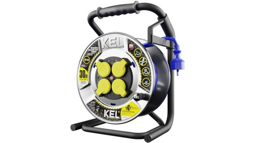 Przedłużacz budowlany zwijany na bębnie Rozgałęźnik Premium na 4 gniazda 2P+Z 230V IP44 na niebieskim kablu PUR (H07BQ-F) 3x2,5m