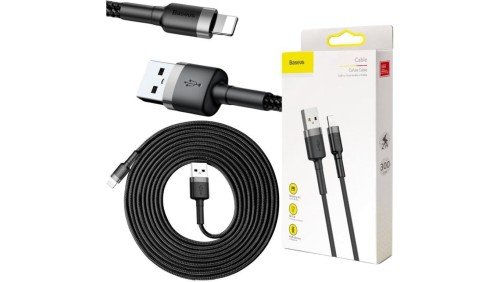 KABEL USB-A - Lightning / iPhone Baseus Cafule CALKLF-RG1 300cm Apple 2A CZARNO-SZARY W OPLOCIE